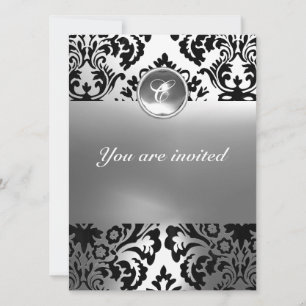 DAMASK GEM STONE MONOGRAM white Invitation