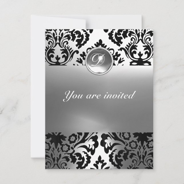 DAMASK GEM STONE MONOGRAM white Invitation (Front)