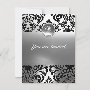 DAMASK GEM STONE MONOGRAM white Invitation