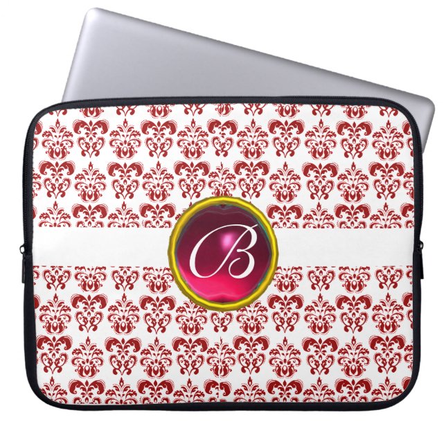 DAMASK GEM STONE MONOGRAM white red fuchsia Laptop Sleeve (Front)