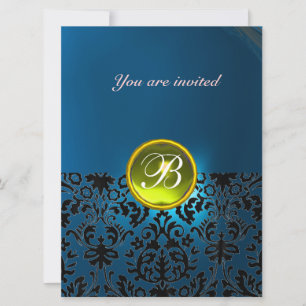 DAMASK GEM STONE MONOGRAM yellow blue Invitation