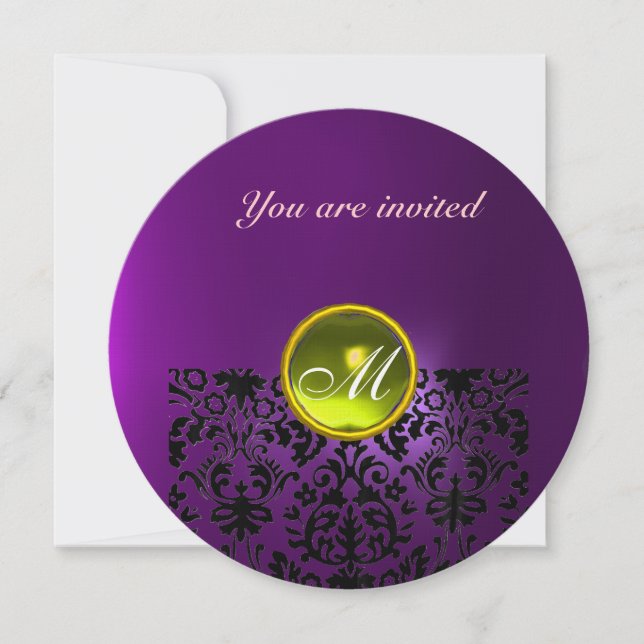 DAMASK GEM STONE MONOGRAM  yellow purple Invitation (Front)