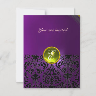 DAMASK GEM STONE MONOGRAM yellow purple Invitation