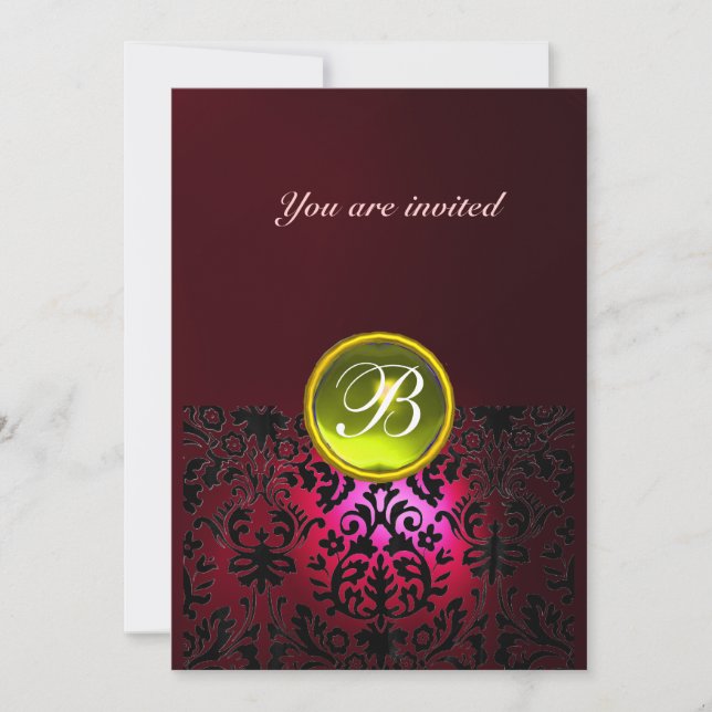 DAMASK GEM STONE MONOGRAM yellow ruby red burgundy Invitation (Front)