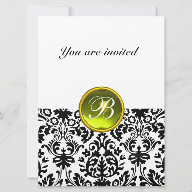DAMASK GEM STONE MONOGRAM  yellow speckled Invitation (Front)