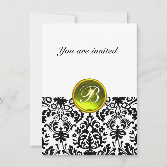 DAMASK GEM STONE MONOGRAM  yellow white rsvp Invitation (Front)