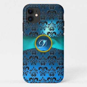 DAMASK GIRLY MONOGRAM blue ribbon iPhone 11 Case