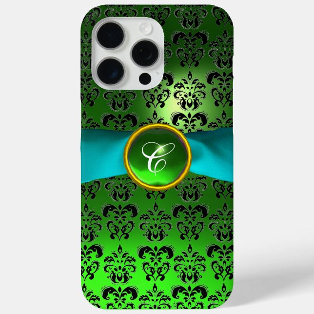 DAMASK GIRLY MONOGRAM green aqua blue ribbon Case-Mate iPhone Case (Back)