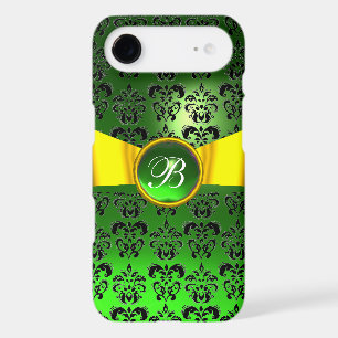 DAMASK GIRLY MONOGRAM green gold yellow ribbon