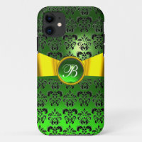 DAMASK GIRLY MONOGRAM green gold yellow ribbon