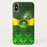 DAMASK GIRLY MONOGRAM green gold yellow ribbon