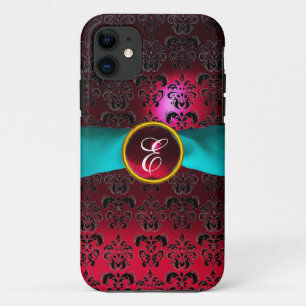 DAMASK GIRLY MONOGRAM red burgundy white ribbon Case-Mate iPhone Case