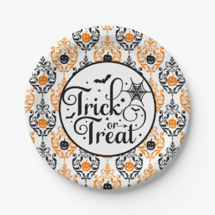 Damask Glam Pumpkin Trick or Treat Paper Plate