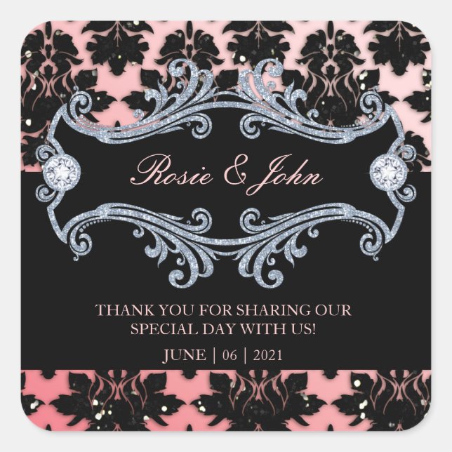 Damask Glitter Coral Wedding Monogram Square Stick Sticker (Front)
