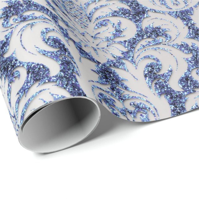 Damask Glitter  Silver Grey Royal Sapphire Blue Wrapping Paper (Roll Corner)
