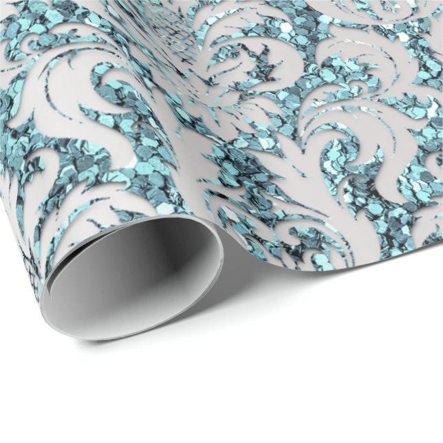 Damask Glitter Tiffany Silver Grey Royal Sequin Wrapping Paper (Roll Corner)
