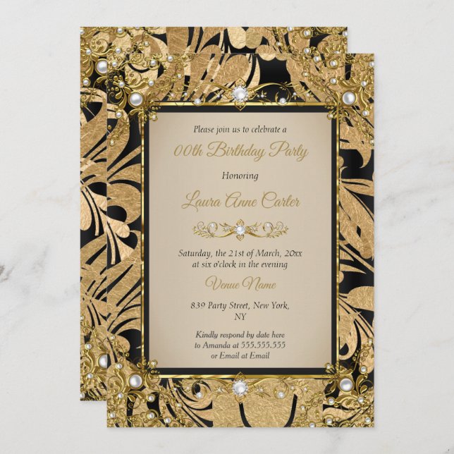 Damask Gold Beige Pearl Photo Birthday Party Invitation (Front/Back)