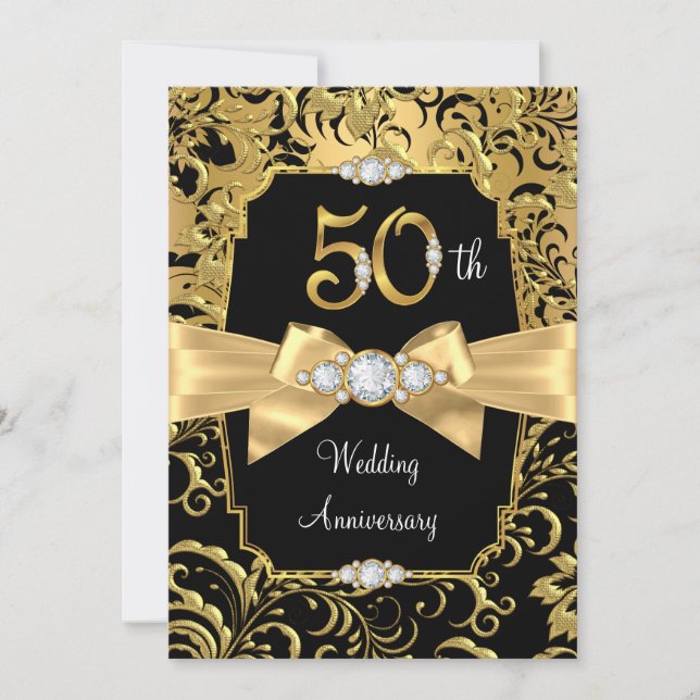 Damask Gold Bow black Diamond 50th Anniversary Invitation (Front)