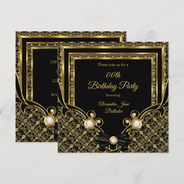 Damask Gold Diamond Black Bow Birthday Party Invitation (Front/Back)