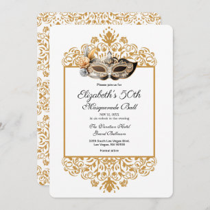 Damask Gold Masquerade Ball 50th Birthday Invitat Invitation