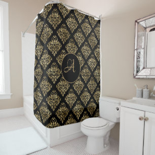 Damask Gold Monogram On Black Shower Curtain