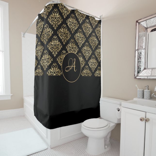 Damask Gold Monogram On Black  Shower Curtain (In Situ)