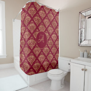 Damask Gold Monogram On Burgundy Shower Curtain