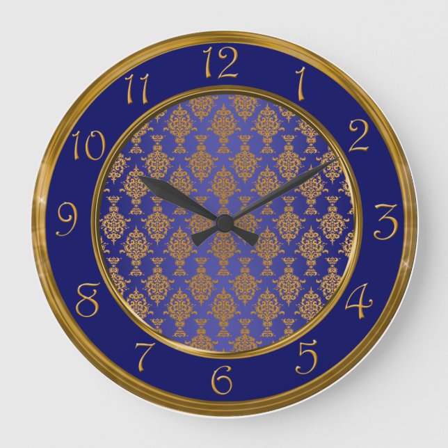 Damask Gold on Royal Blue Numbers Large Clock (Front)