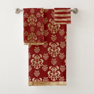 Damask Gold Red Elegant Modern Pretty  Bath Towel Set