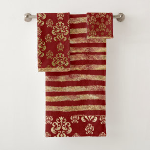 Damask Gold Red Elegant Modern Pretty Stripe Bath Towel Set