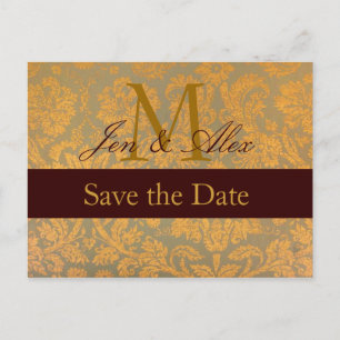 Damask Gold Save the Date Monogram Annoncement Announcement Postcard