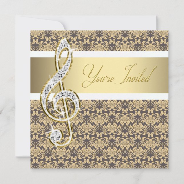 Damask Gold Treble Clef Concert Invitations (Front)