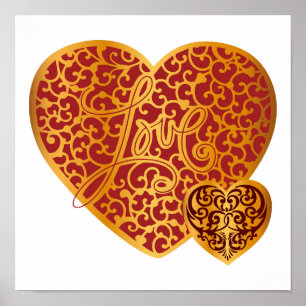 Damask Golden Love Red Heart Poster