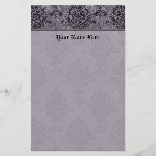 Damask Gothic Black on Purple Stone Border Stationery (Front)