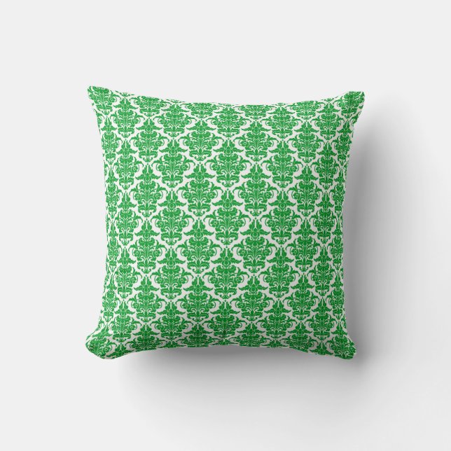 Damask - Grass Green on White Cushion (Front)