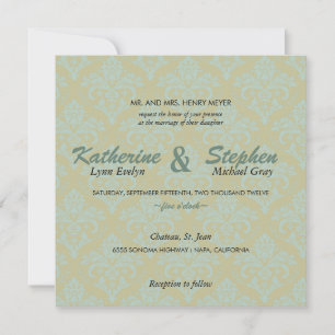 Damask -green and teal wedding invitation