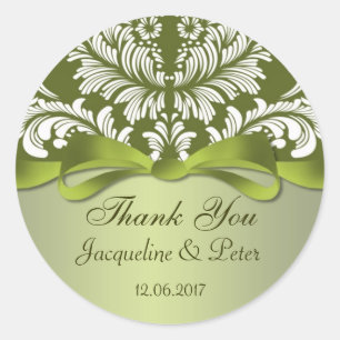 Damask green and white Thank you Wedding Classic Round Sticker