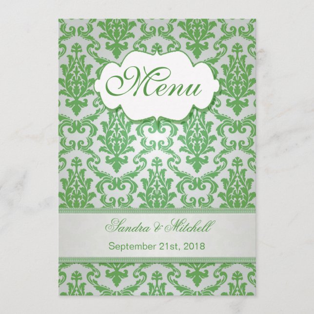 Damask green apple colour Wedding Menu (Front)