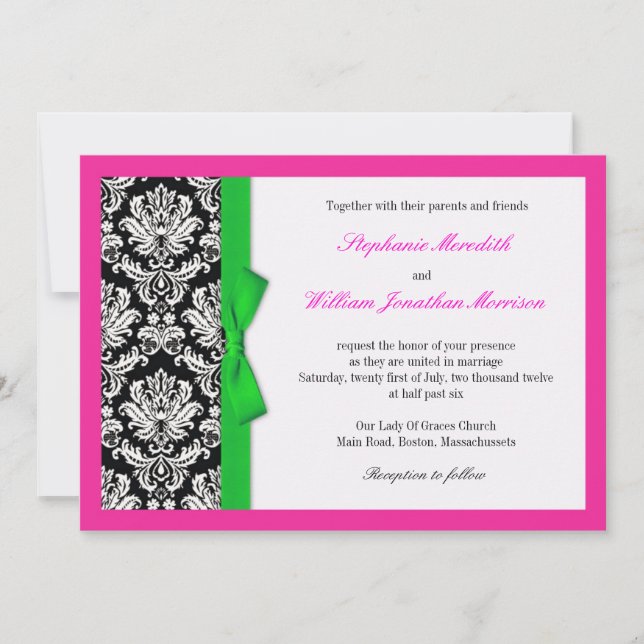 Damask Green Bow with Hot Pink Wedding Invitation (Front)