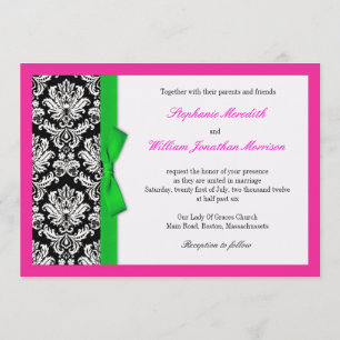 Damask Green Bow with Hot Pink Wedding Invitation