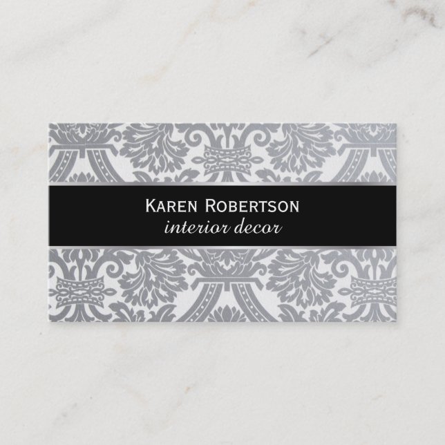Damask Grey / black band / silver lining Business Card (Front)