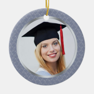 Damask grey blue Graduation photo Ornament