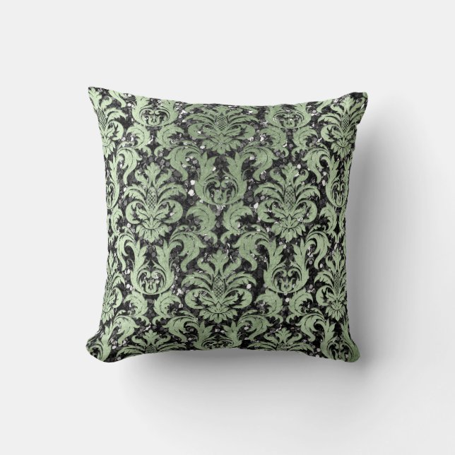 Damask Grey Mint Green Cottage Sequin Glitter Cushion (Front)