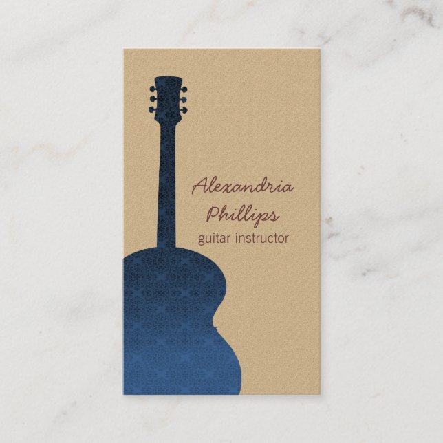Damask Guitar Music Business Card, Blue Card (Front)