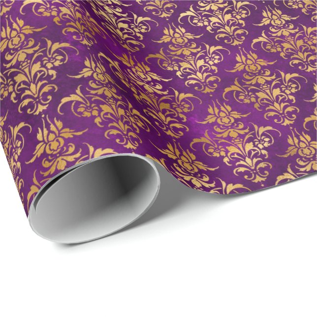 Damask Halloween Spell Gold Purple Pattern Wrapping Paper (Roll Corner)