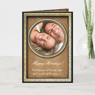 Damask Happy Holidays Gold Frame Your Photo Card
