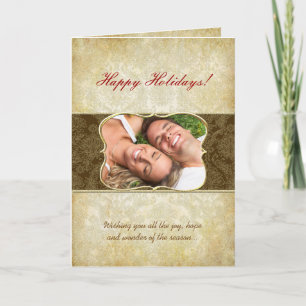 Damask Happy Holidays Gold Frame Your Photo Card
