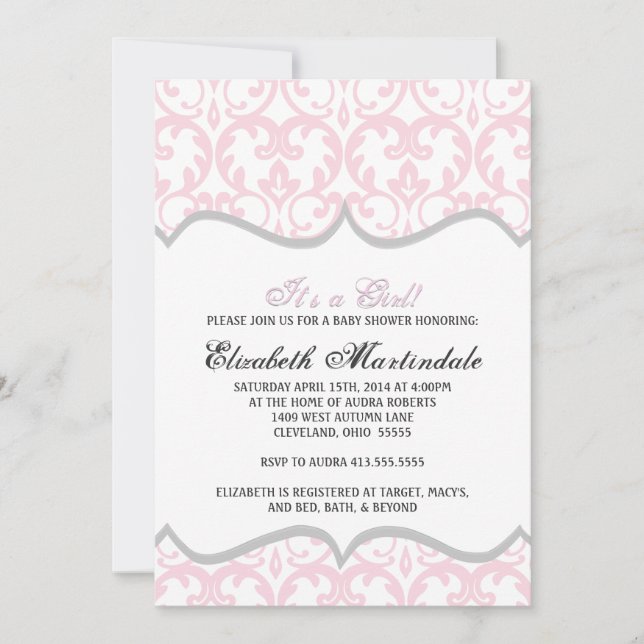 Damask Heart Pink Ribbon Baby Shower Invitation (Front)