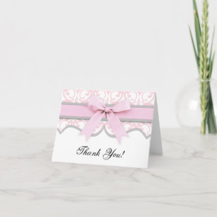 Damask Heart Pink Ribbon Baby Shower Thank You Card