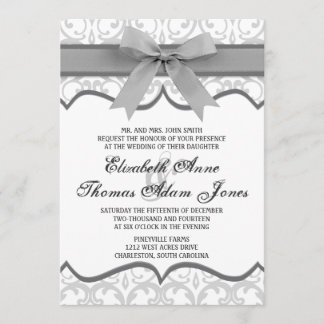 Damask Heart with Grey Ribbon Wedding Invitation